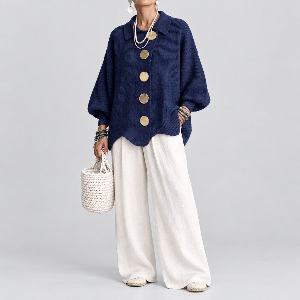 Oversized Collared Cardigan Button Front Knit in blue, light grey studio photo
