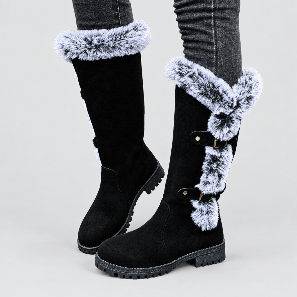 Faux Fur Boots Tall Buckle Detail in black, light grey studio photo