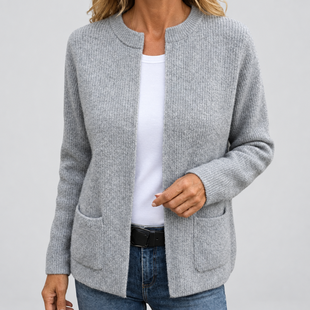 Soft Knit Cardigan Relaxed Everyday Layer in grey, light grey studio photo