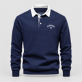 Polo Jumper Contrast Collar Slim Fit in navy blue, light grey studio photo