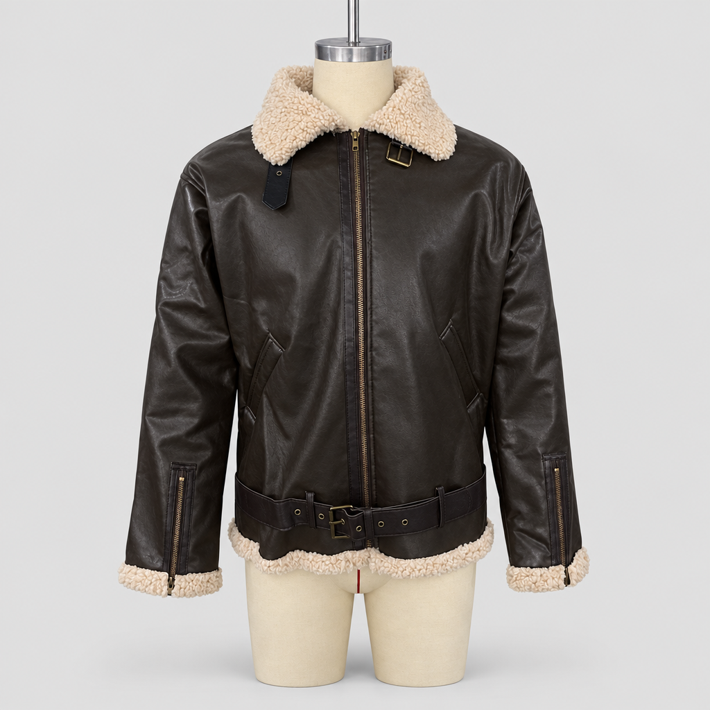 Aviator jacket in brown leather-look with shearling collar, studio photo