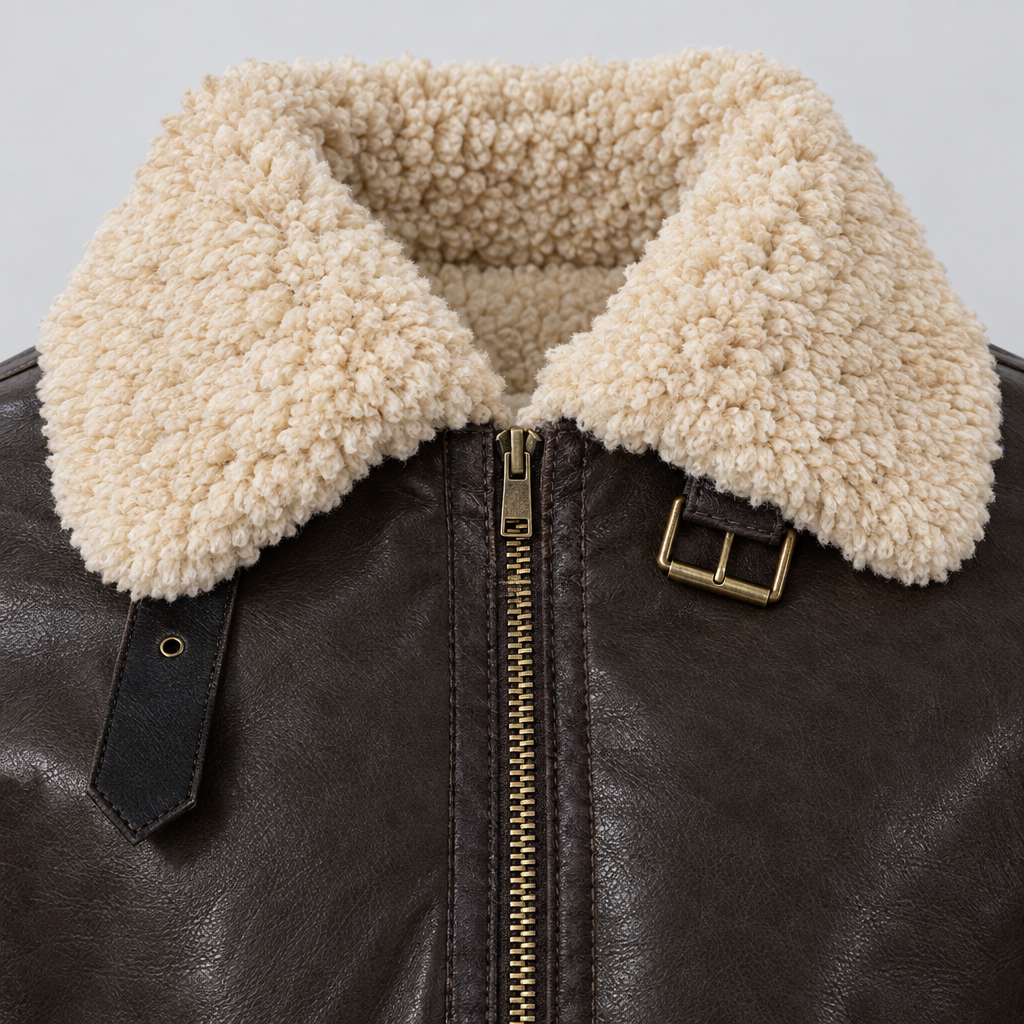 Close-up of the shearling collar and leather-look material