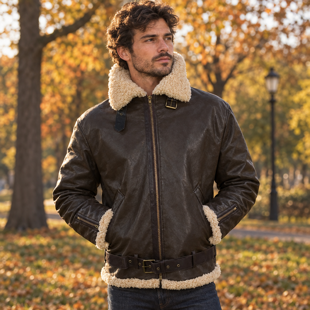 Aviator jacket with shearling collar turned up, park in late afternoon light