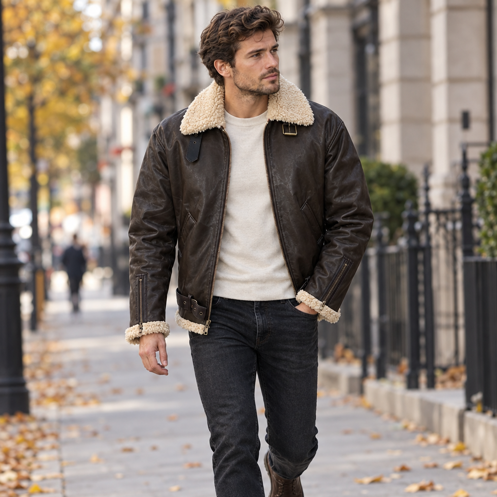 Aviator jacket worn open on a city street in autumn