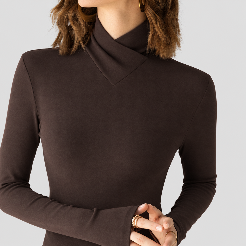 Fleece lined stretch turtleneck top in coffee, smooth knit, studio photo