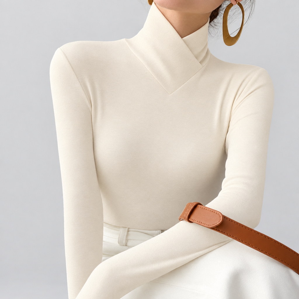 Fleece lined stretch turtleneck top in ivory, smooth knit, studio photo