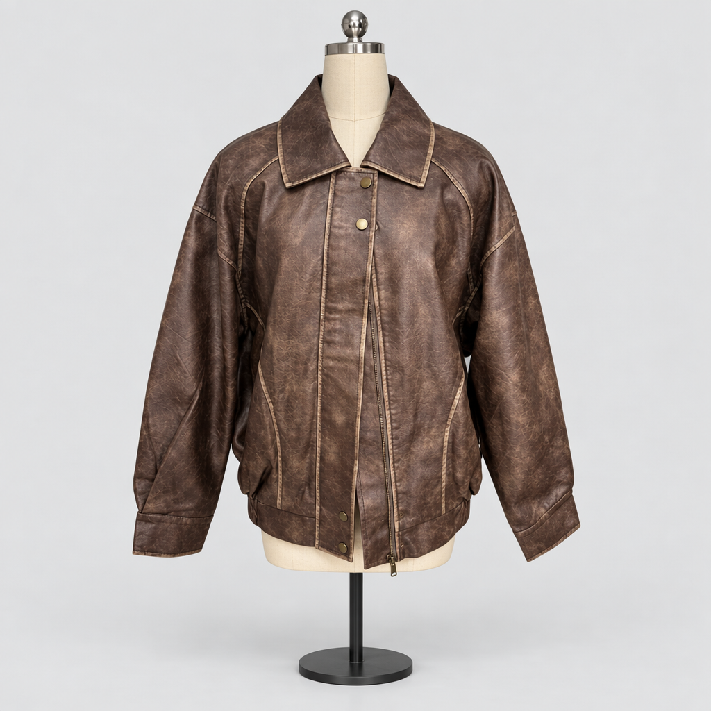 Oversized vintage faux leather jacket in brown, studio photo