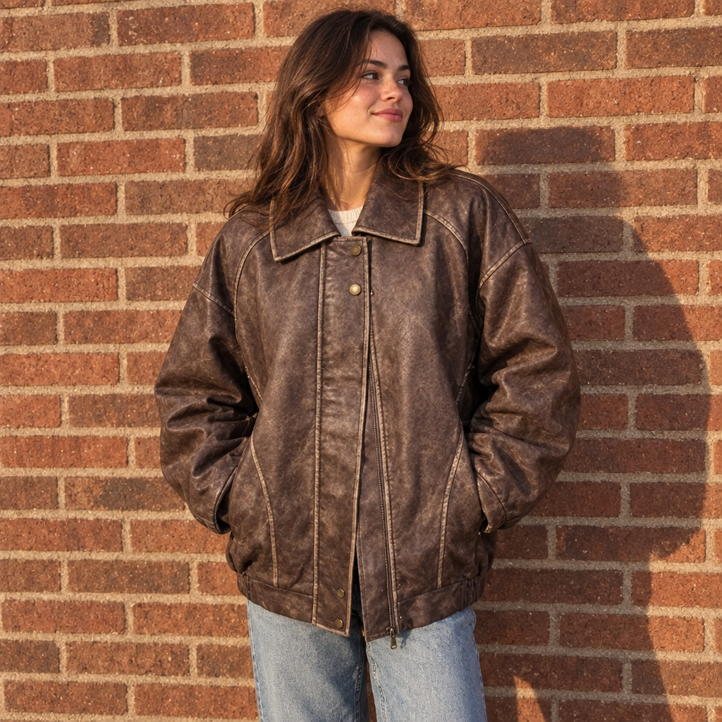 Oversized faux leather jacket against a brick wall in late afternoon light
