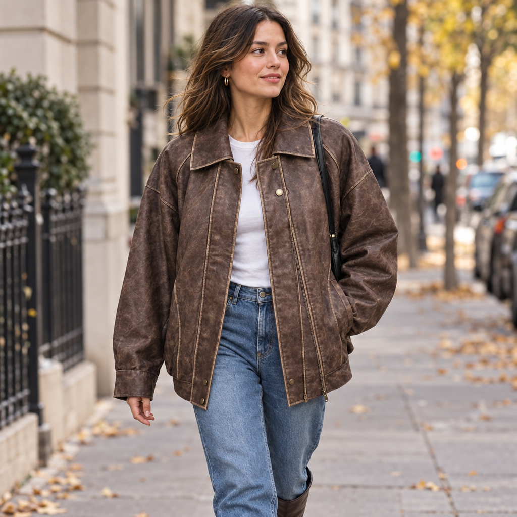 Oversized faux leather jacket worn open on a city street in autumn