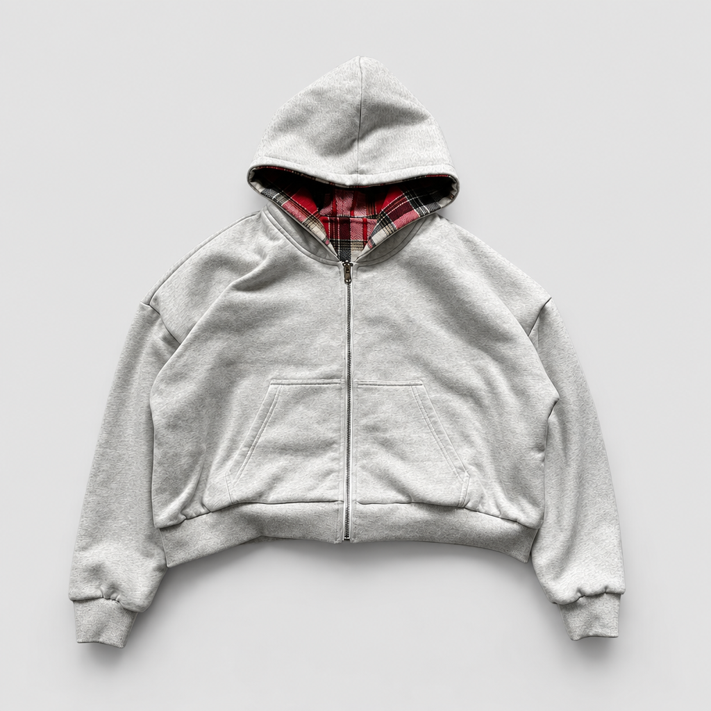 Reversible soft fleece hoodie in grey and red, studio photo B