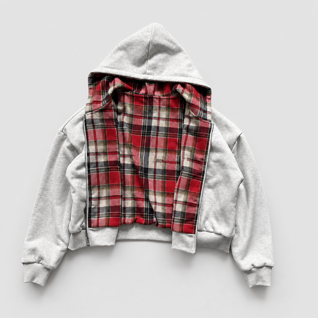 Reversible soft fleece hoodie in grey and red, studio photo C