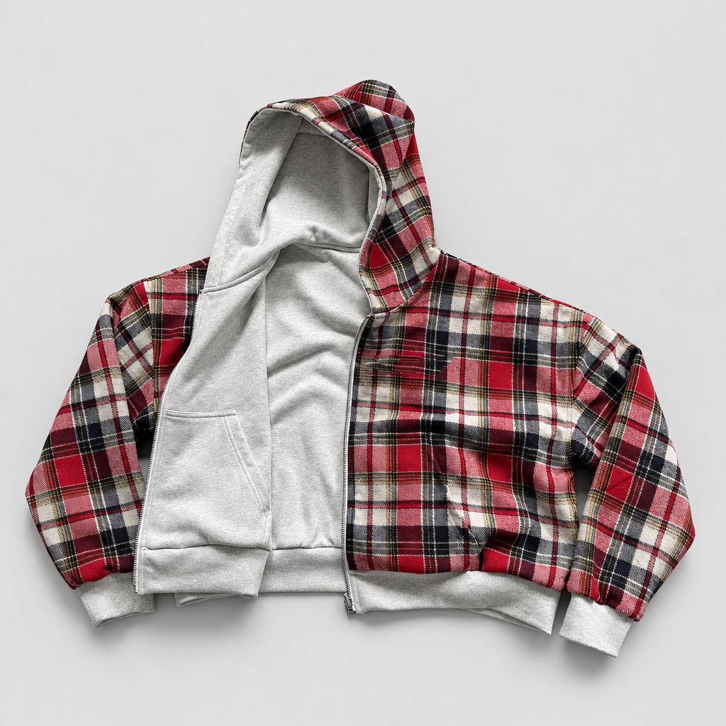 Reversible soft fleece hoodie in grey and red, studio photo A