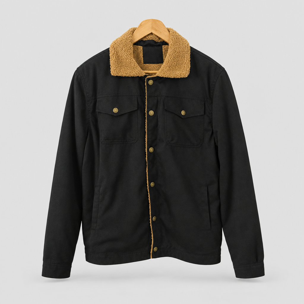 Sherpa lined trucker jacket in black, studio photo
