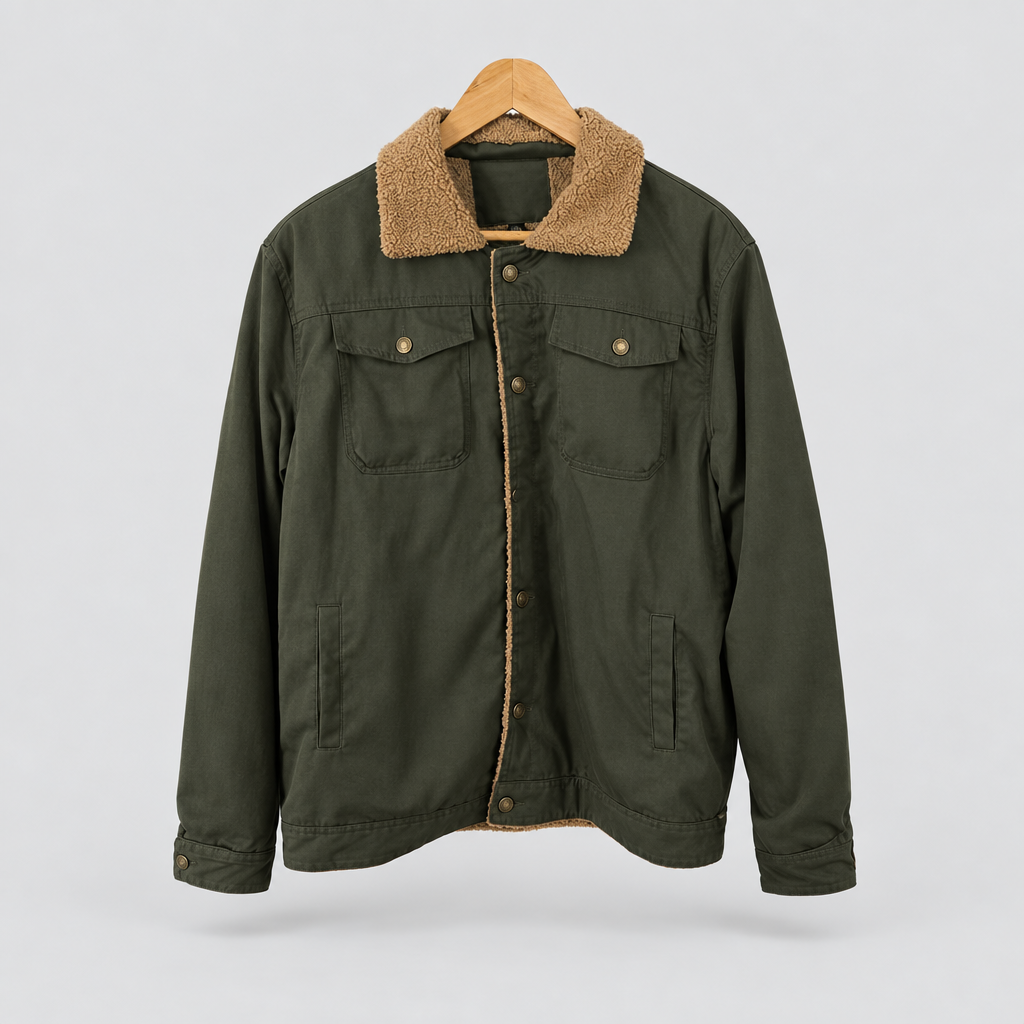 Sherpa lined trucker jacket in army green, studio photo