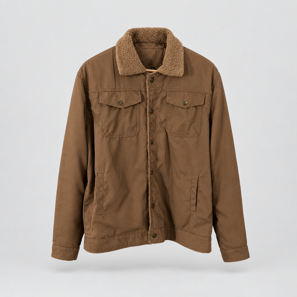 Sherpa lined trucker jacket in brown, studio photo