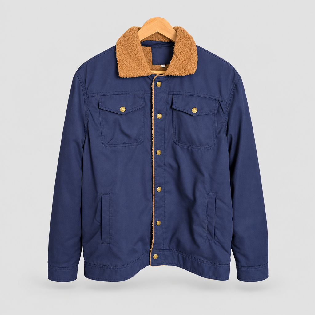 Sherpa lined trucker jacket in navy, studio photo