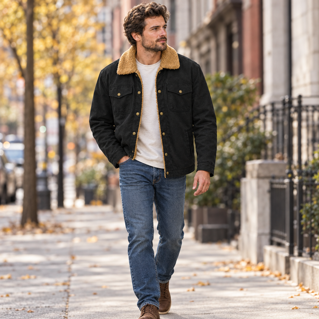 Sherpa lined trucker jacket in black, worn on a city street