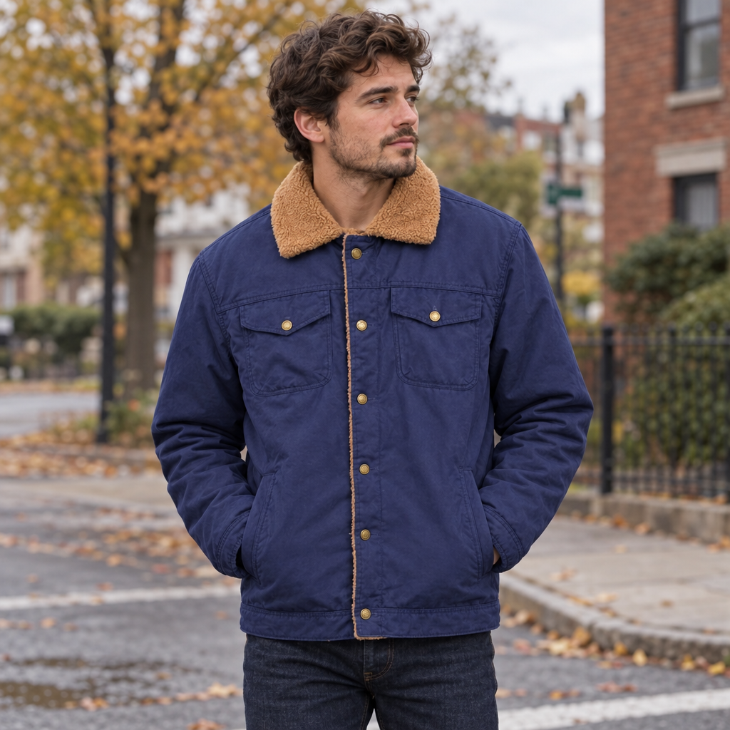 Sherpa lined trucker jacket in navy, worn on a street corner