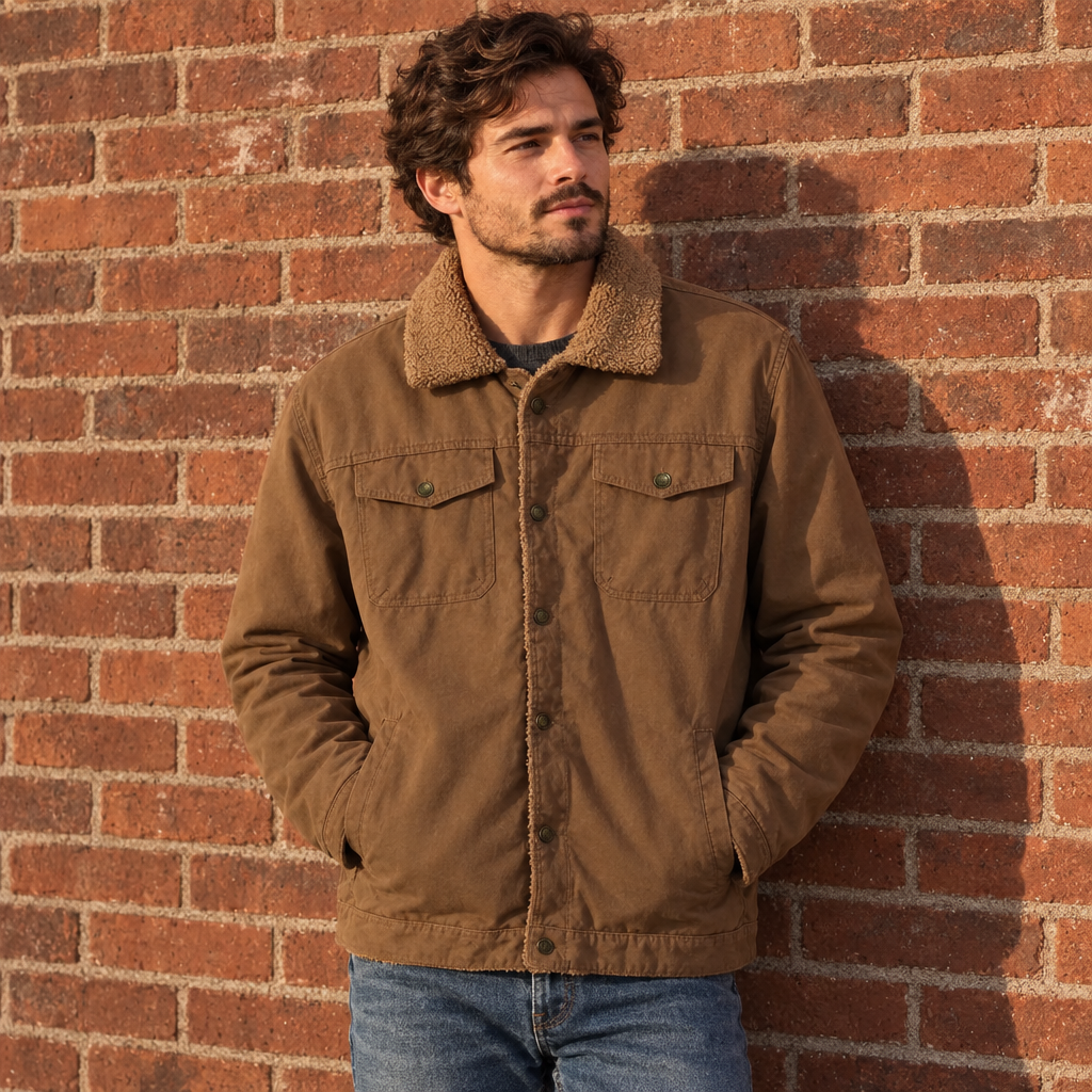 Sherpa lined trucker jacket in brown, worn against a brick wall