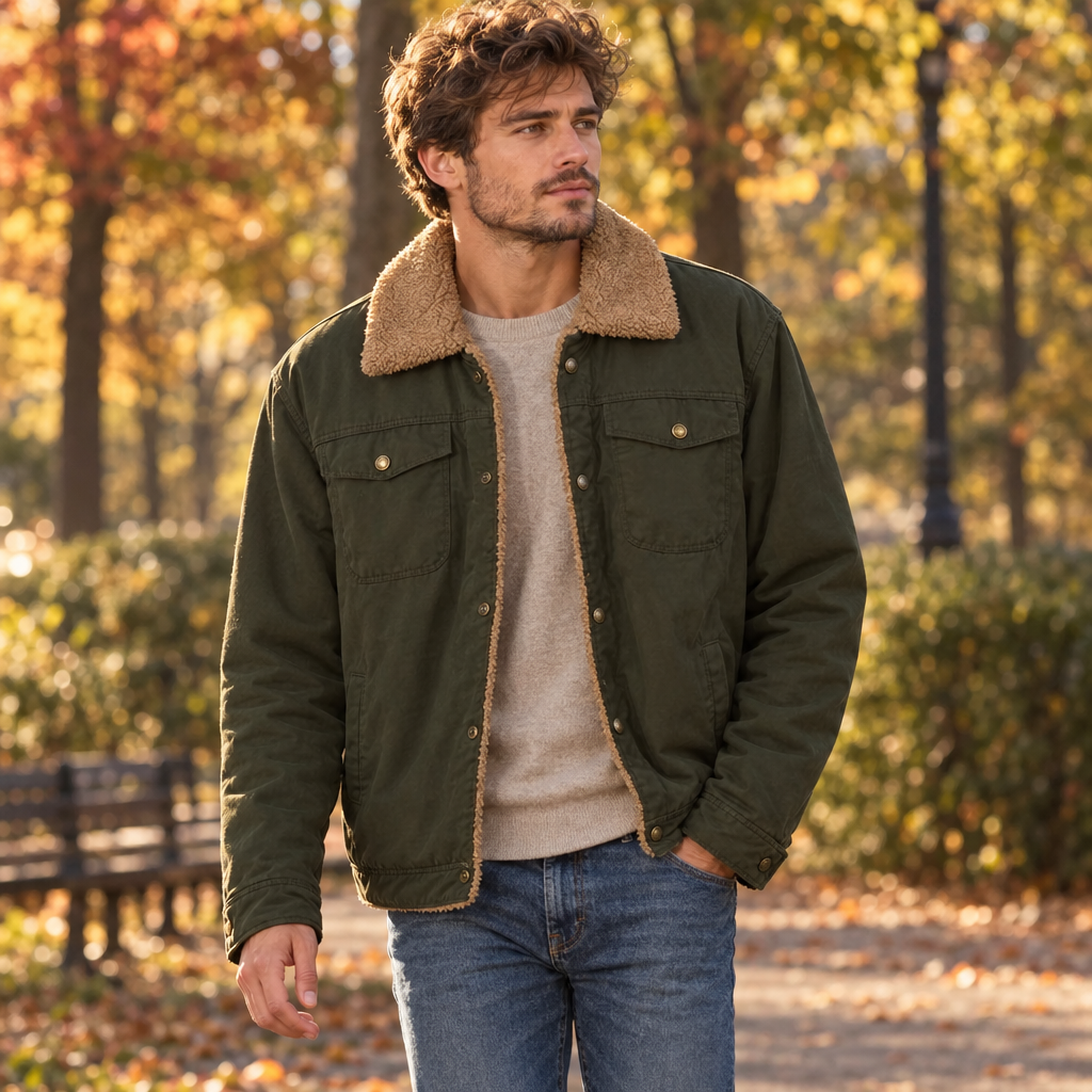 Sherpa lined trucker jacket in army green, worn in a park