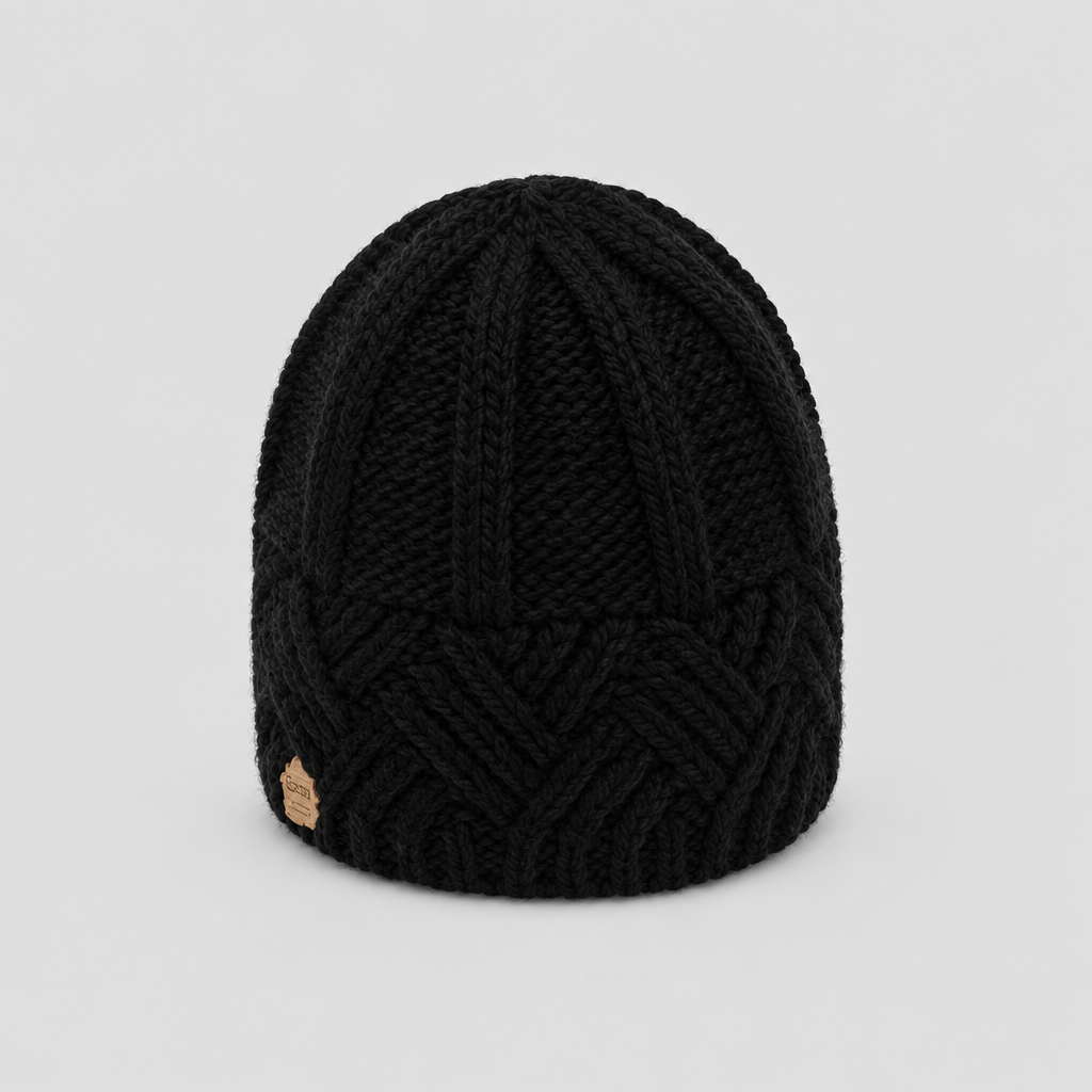Chunky knit beanie hat in black, studio photo