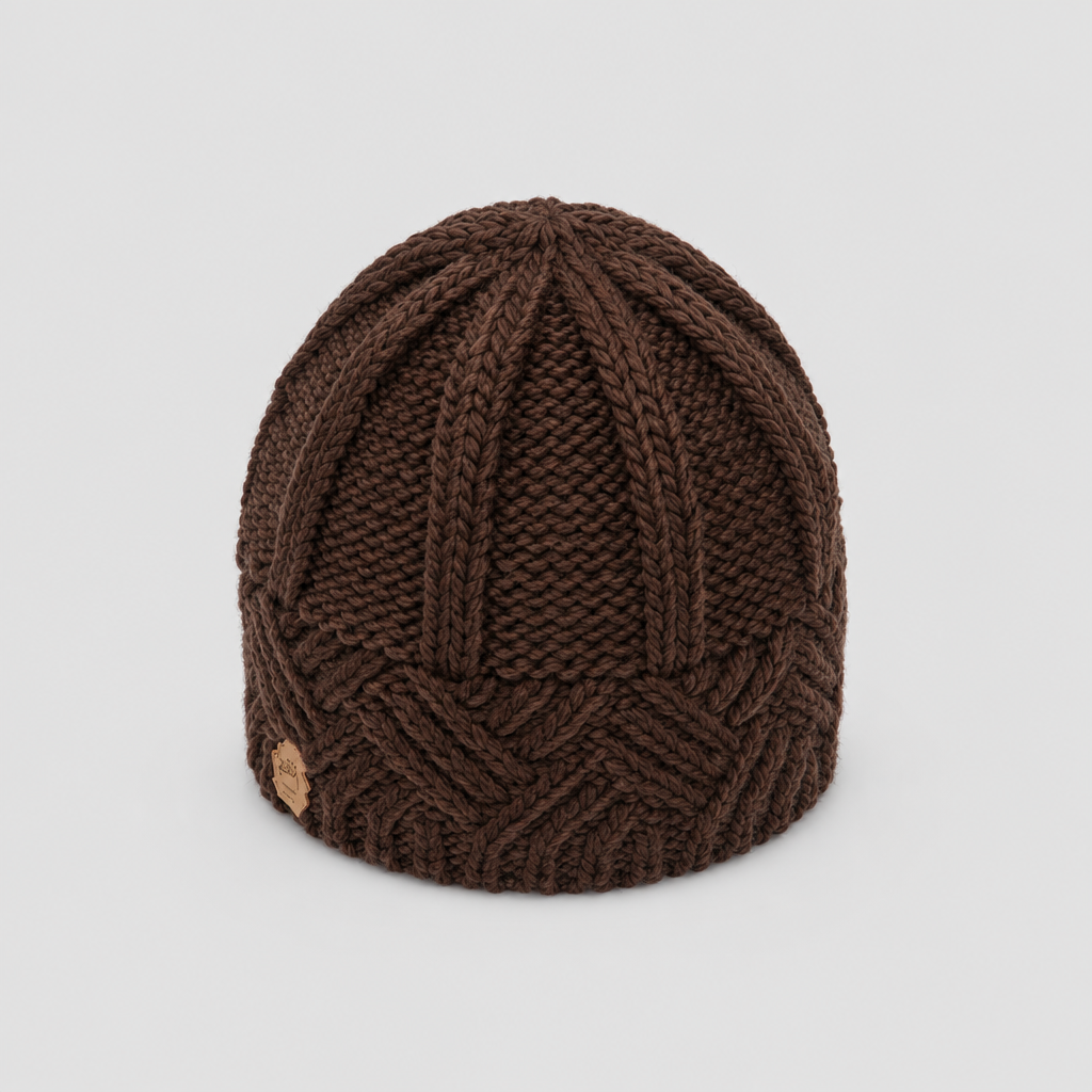 Chunky knit beanie hat in coffee, studio photo
