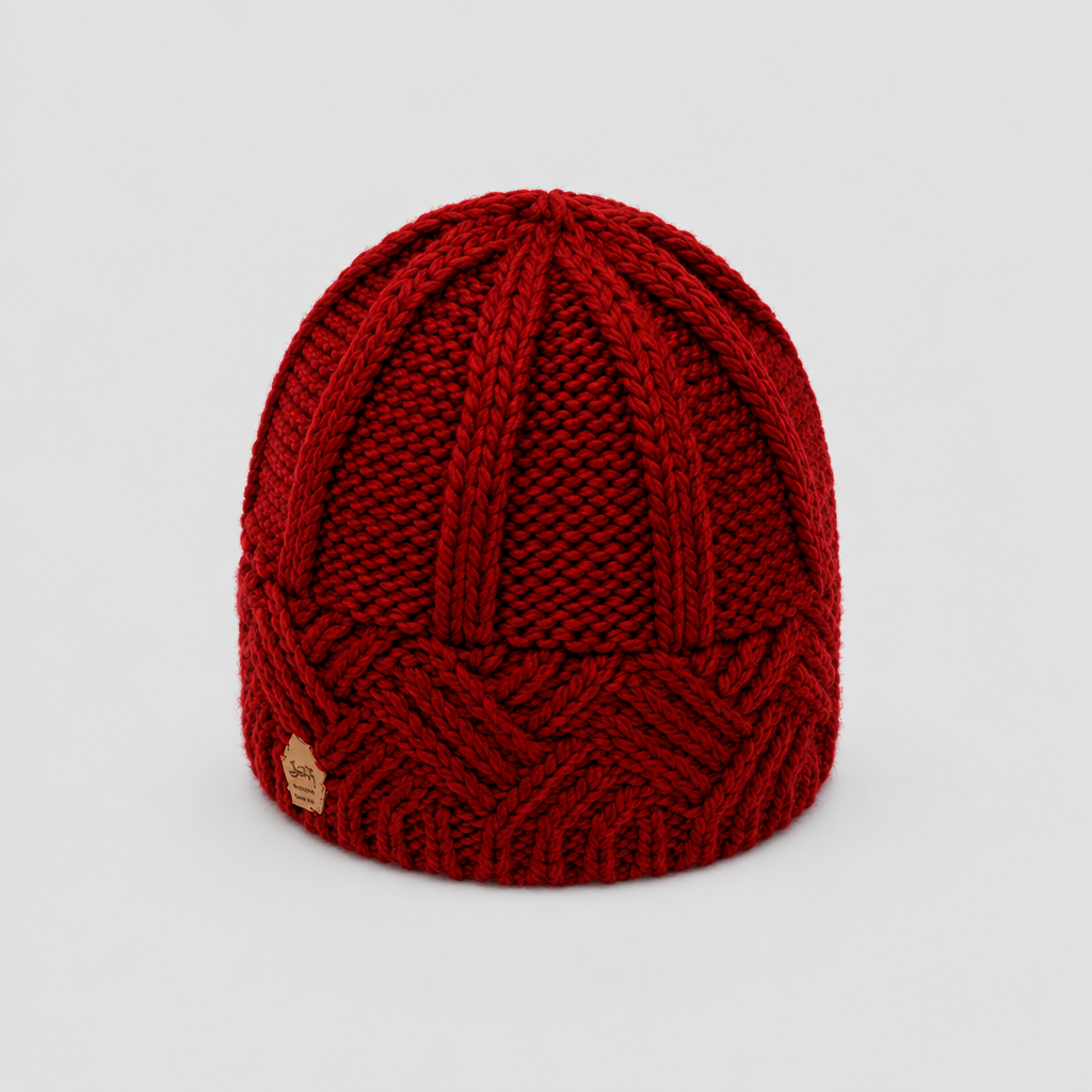 Chunky knit beanie hat in red, studio photo