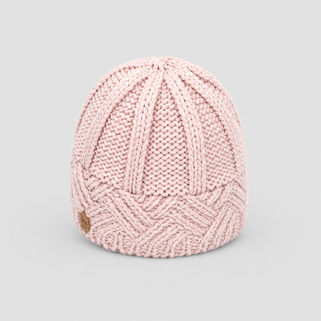 Chunky knit beanie hat in pink, studio photo