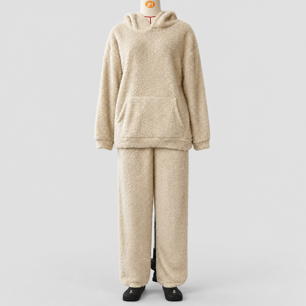 Loungewear Set Teddy Fleece Hooded Two Piece in beige, light grey studio photo front