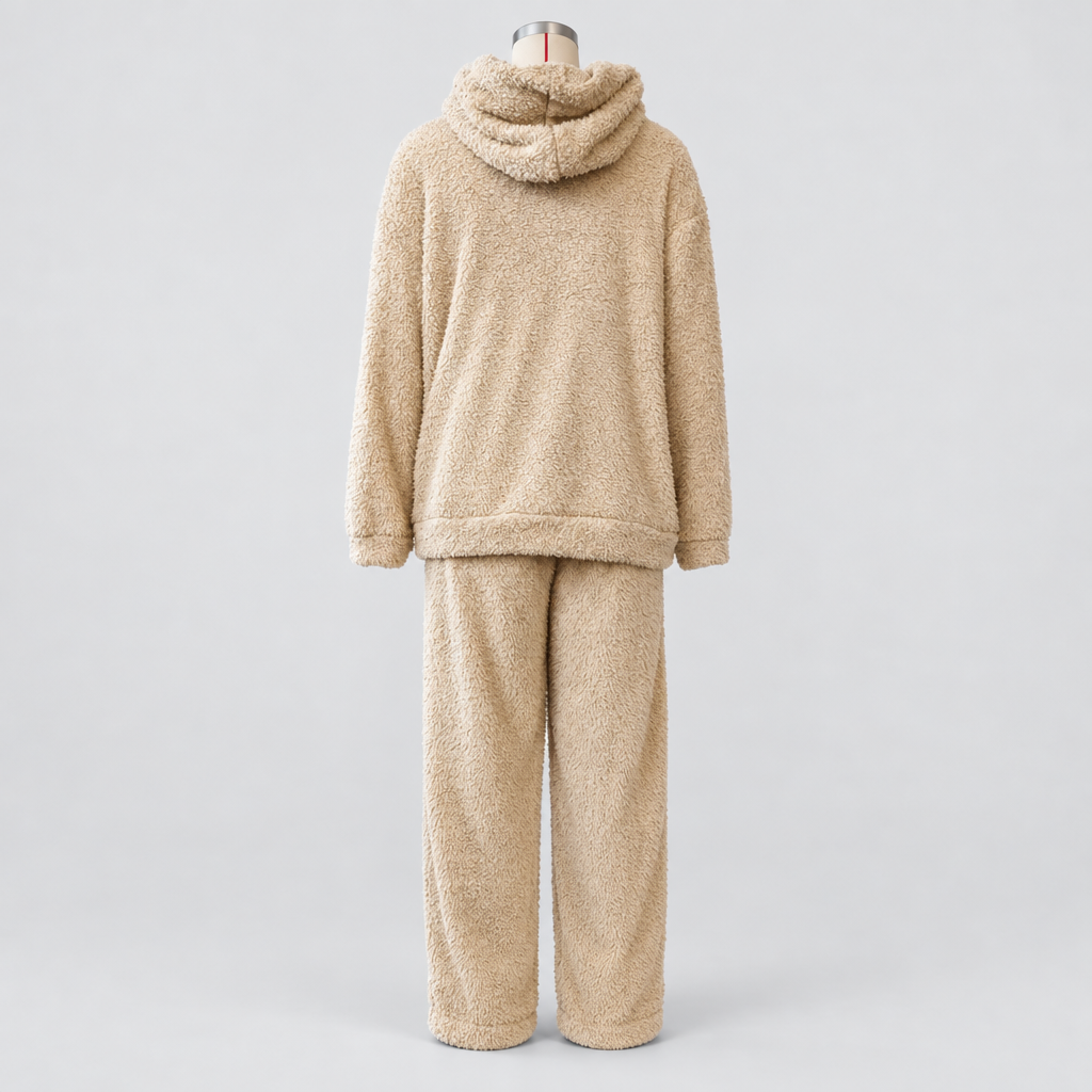 Loungewear Set Teddy Fleece Hooded Two Piece in beige, light grey studio photo back