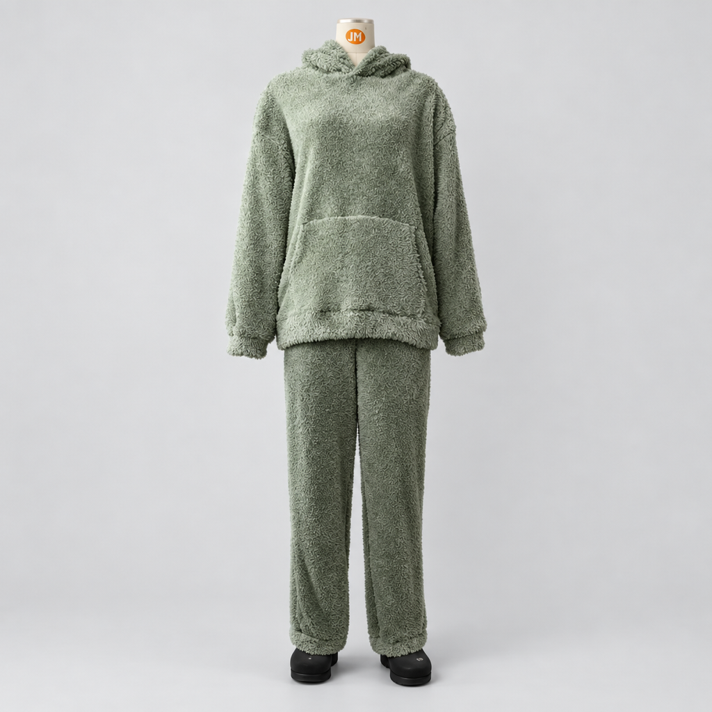 Loungewear Set Teddy Fleece Hooded Two Piece in green, light grey studio photo