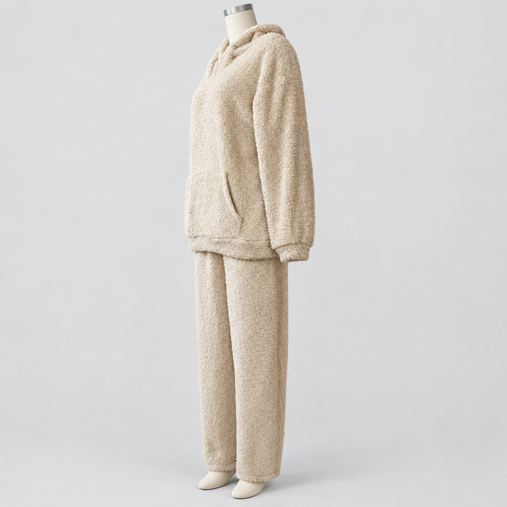 Loungewear Set Teddy Fleece Hooded Two Piece in beige, light grey studio photo side