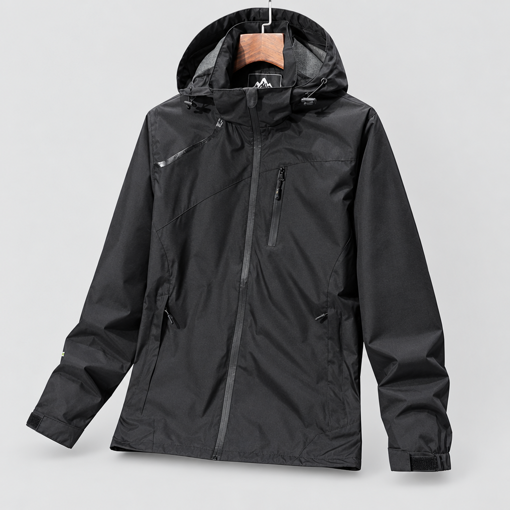 Waterproof breathable windbreaker jacket in black, light grey studio photo