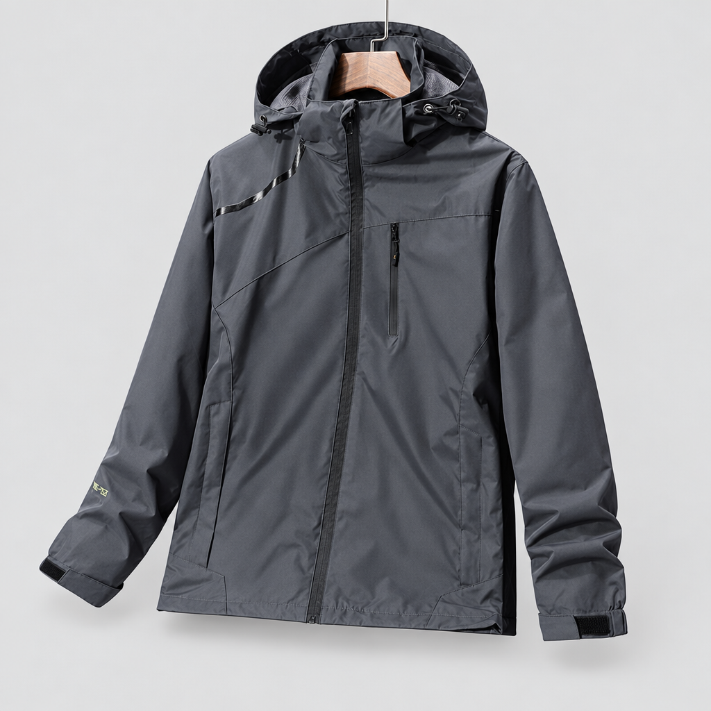 Waterproof breathable windbreaker jacket in dark grey, light grey studio photo