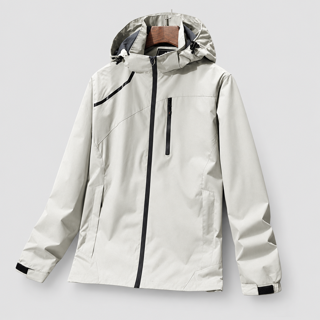 Waterproof breathable windbreaker jacket in light grey, light grey studio photo