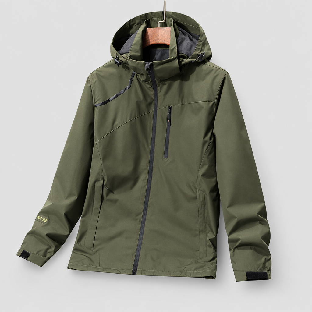 Waterproof breathable windbreaker jacket in green, light grey studio photo