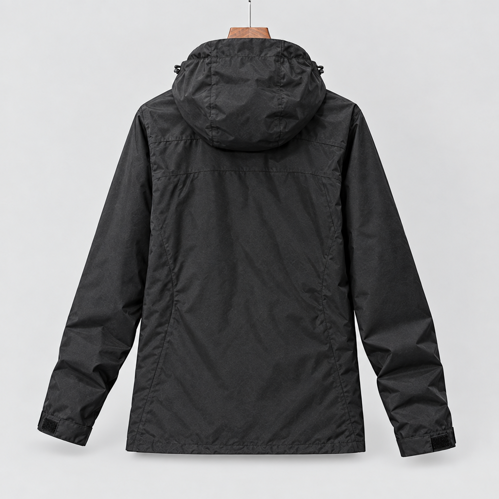 Waterproof breathable windbreaker jacket in black, back view studio photo