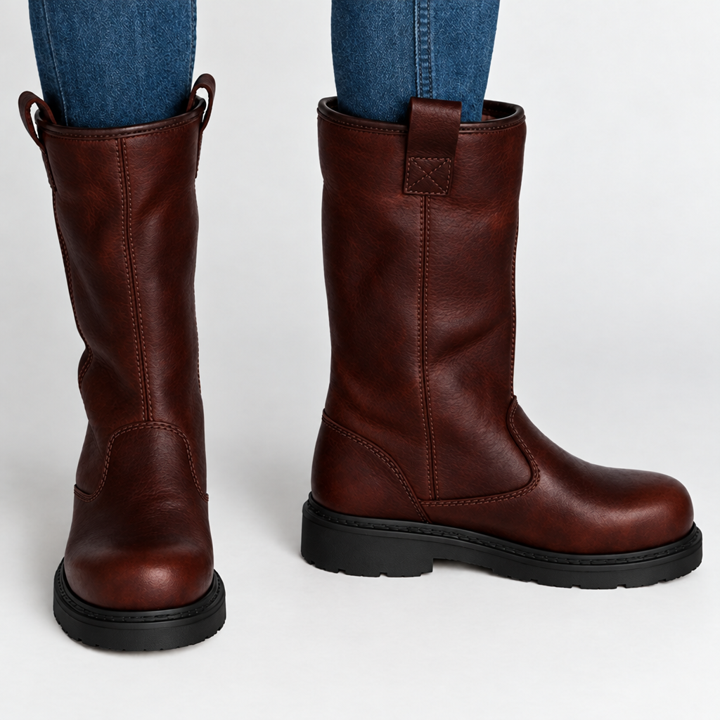 Lined leather-look boots with round toe in dark chestnut brown with black sole, side view