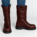 Lined leather-look boots with round toe in dark chestnut brown with black sole, side view