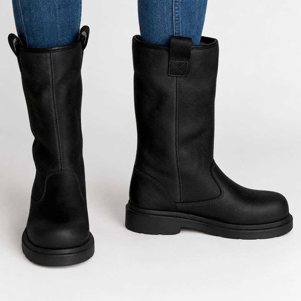 Lined leather-look boots with round toe in black with black sole, side view