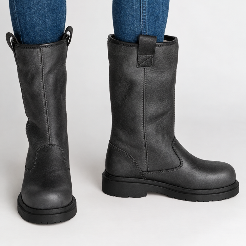Lined leather-look boots with round toe in grey with black sole, side view
