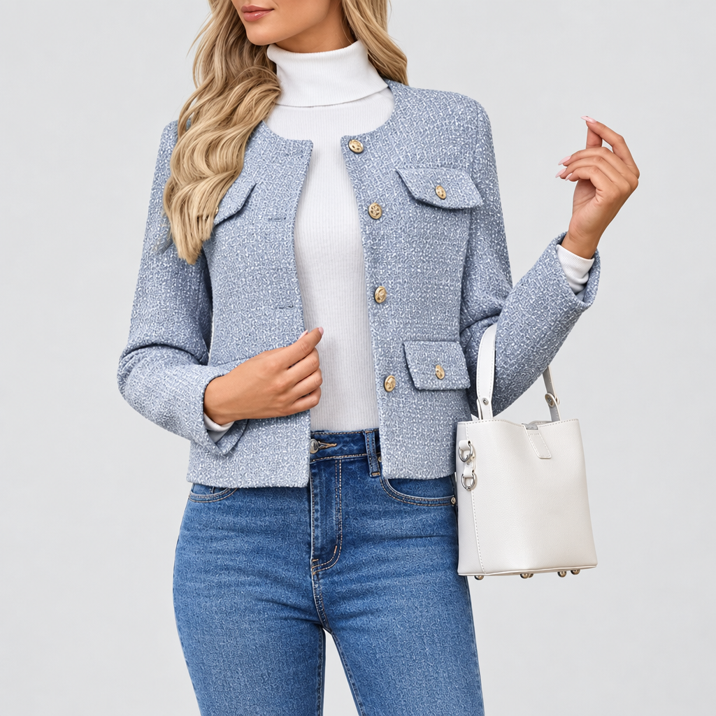 Cropped Tweed-Look Blazer Gold Buttons in light blue, studio photo