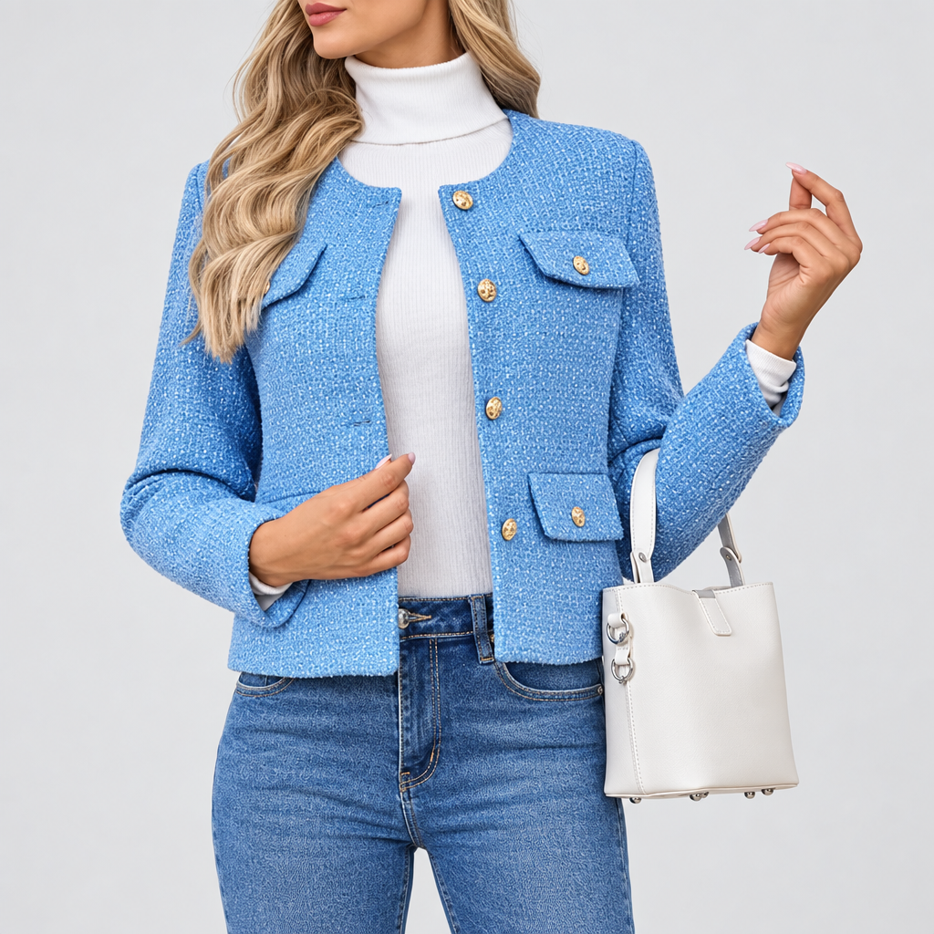 Cropped Tweed-Look Blazer Gold Buttons in blue, studio photo