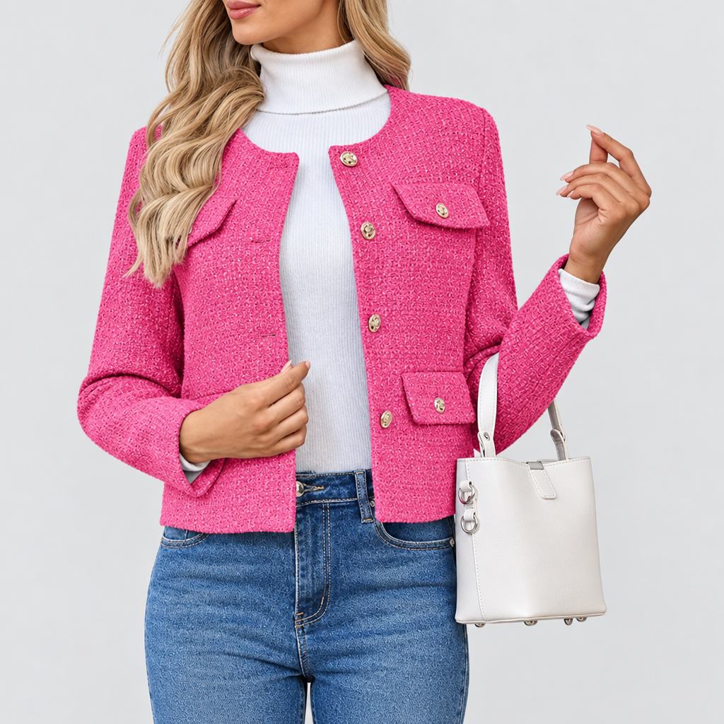 Cropped Tweed-Look Blazer Gold Buttons in pink, studio photo