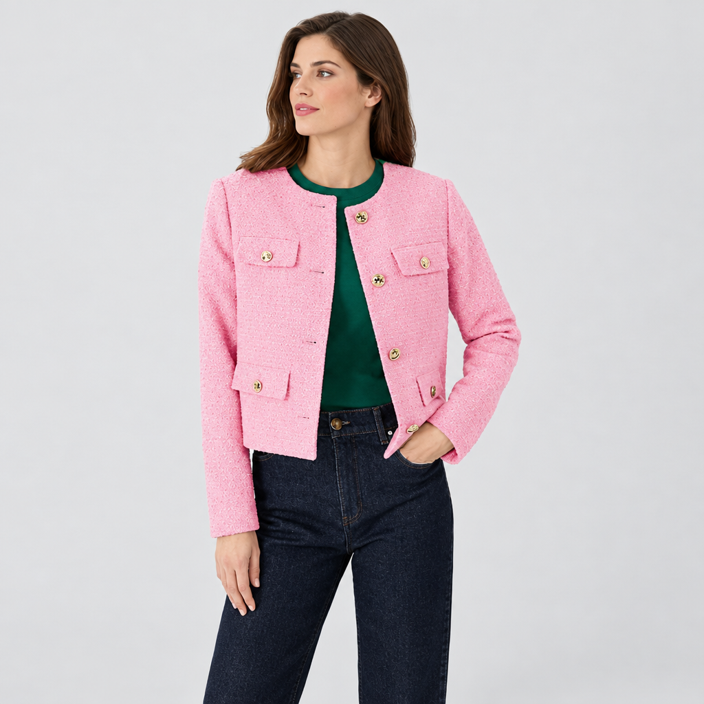 Cropped Tweed-Look Blazer Gold Buttons in light pink, studio photo