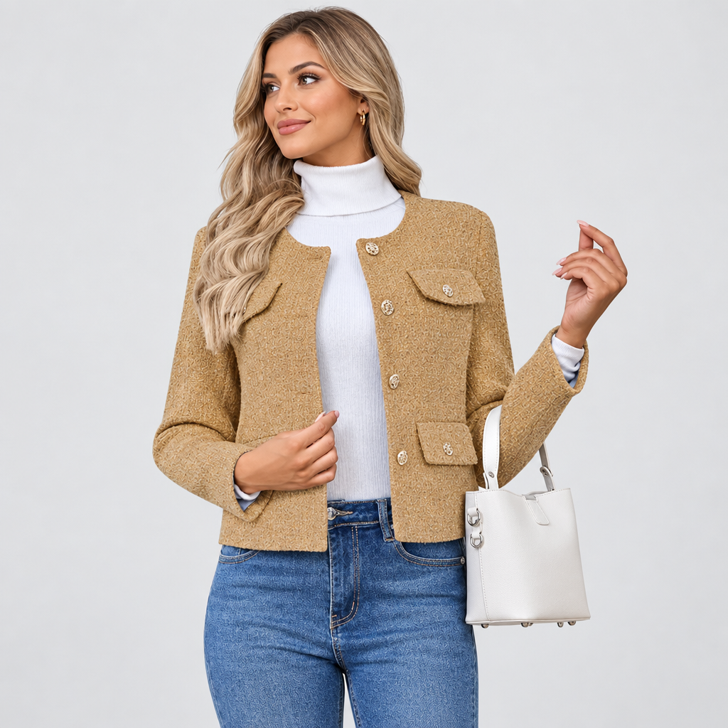 Cropped Tweed-Look Blazer Gold Buttons in khaki, studio photo