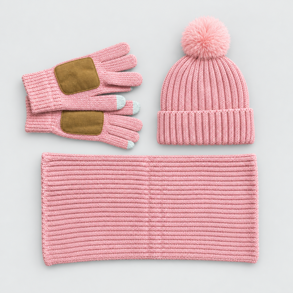 Knit winter set with hat, scarf and gloves in pink, studio photo