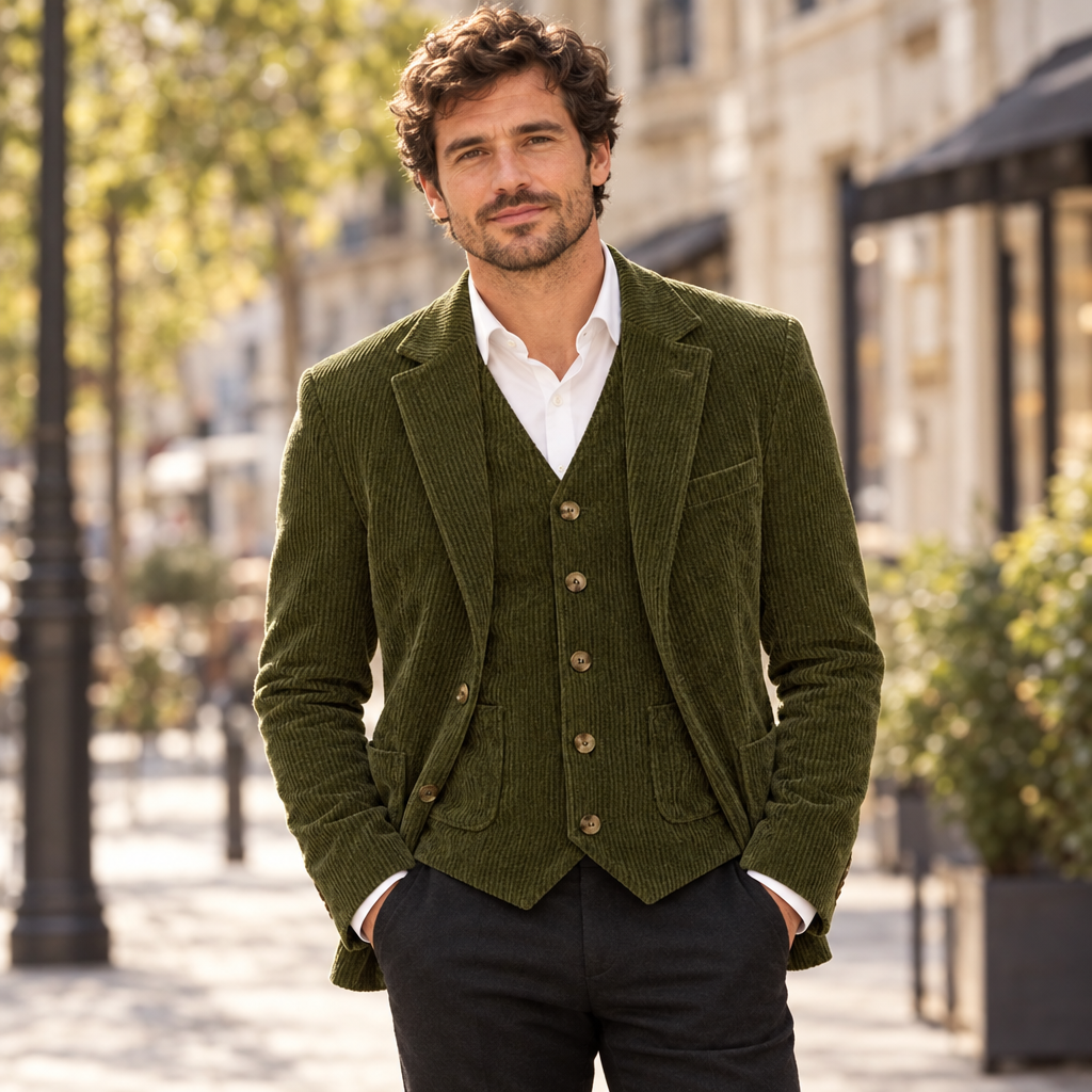 Blazer and waistcoat set in green, worn by a man