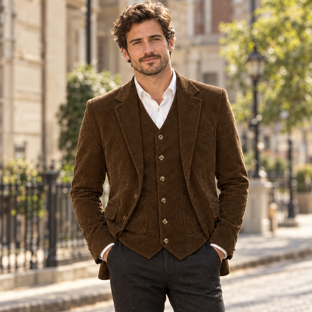 Blazer and waistcoat set in brown, worn by a man