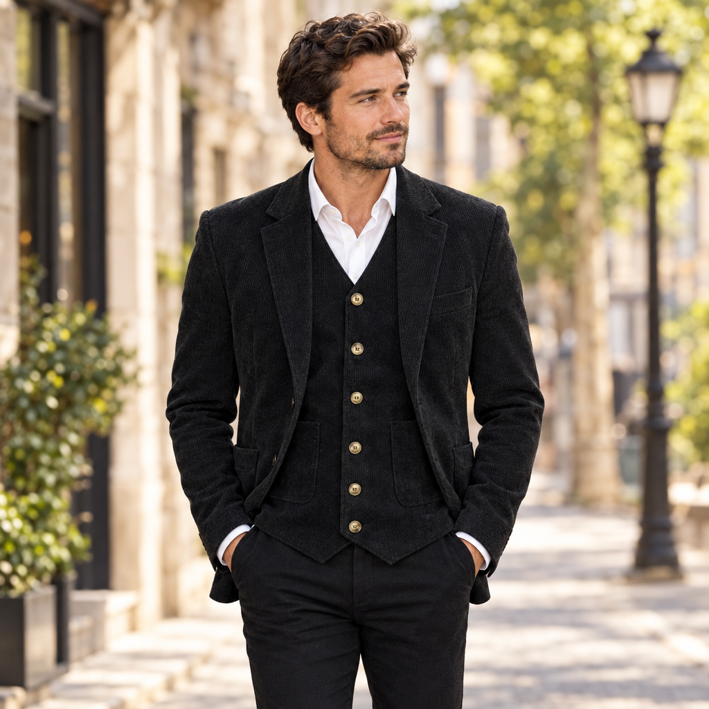 Blazer and waistcoat set in black, worn by a man